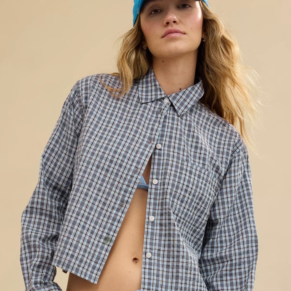 Aerie Plaid Cropped Button Up Shirt Womens XS Blue‎ Grey Long Sleeve Casual